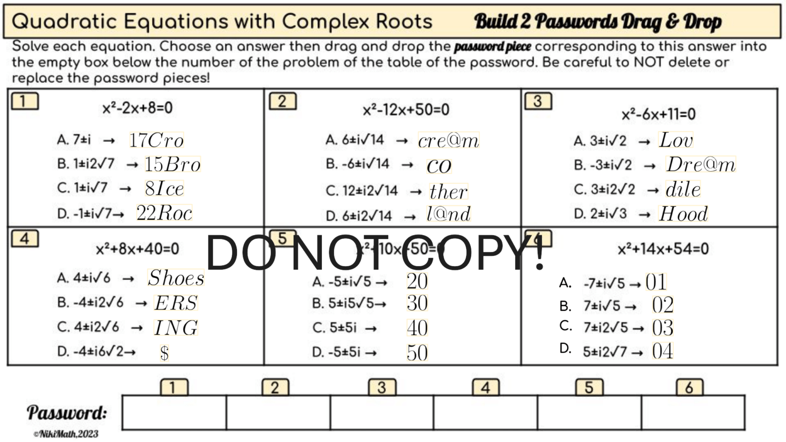 Quadratic Equations with Complex Solutions - Build 2 Passwords Drag ...