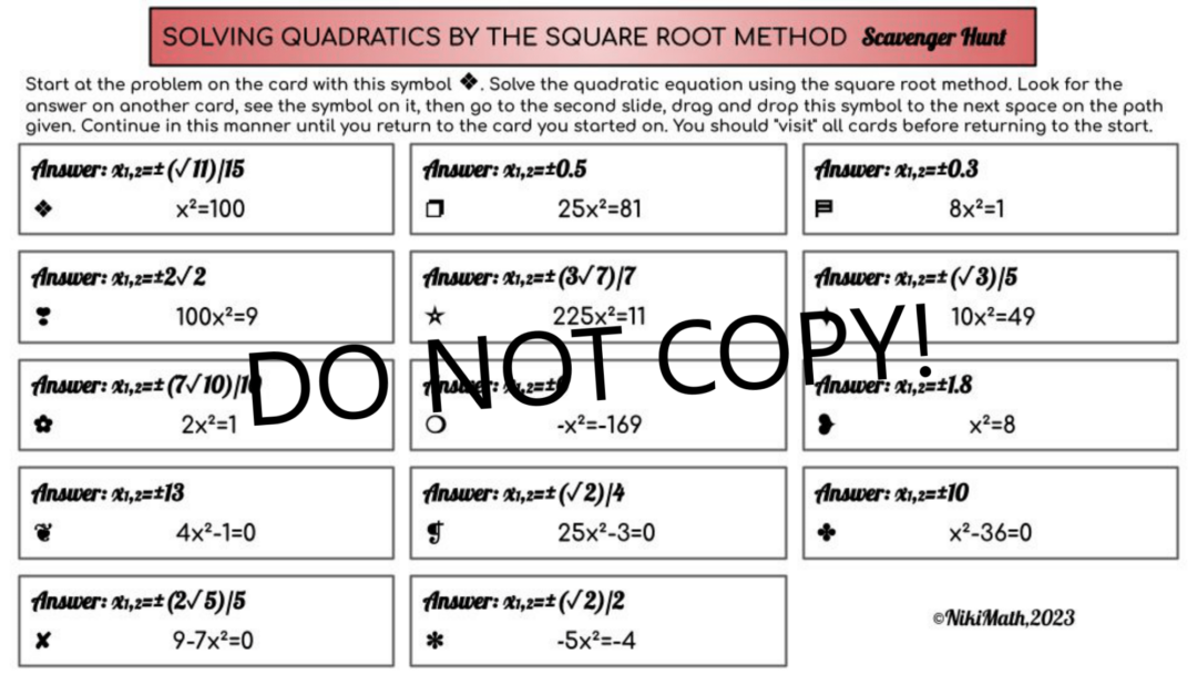 Solving Quadratic Equations Using the Square Root Method-Scavenger Hunt ...