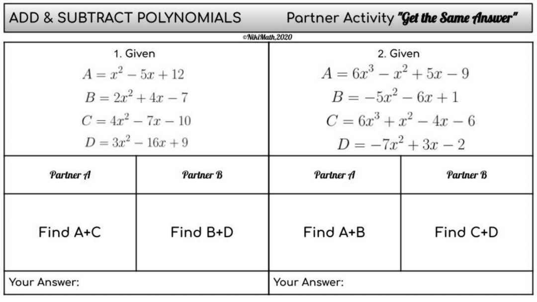 Add & Subtract Polynomials - Partner Activity "Get the Same Answer ...
