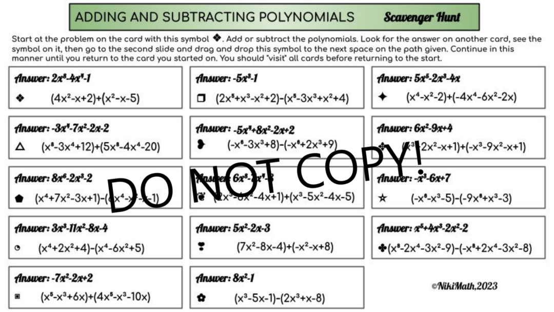 Add and Subtract Polynomials - Digital Scavenger Hunt - Teacher ...