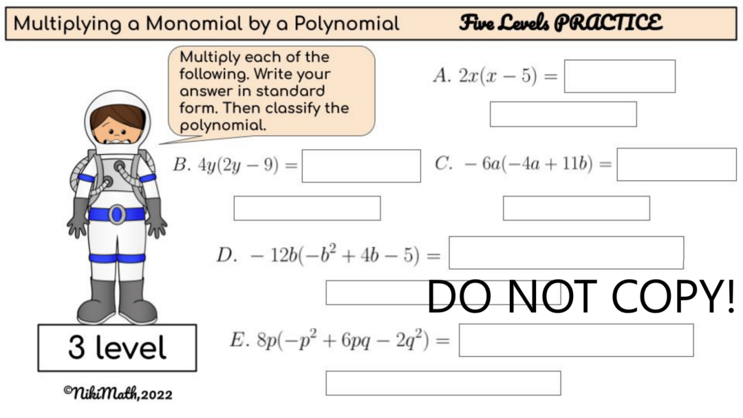 Multiplying a Polynomial by a Monomial - 5 Levels Digital Practice ...