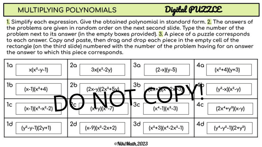 Multiplying Polynomials - Matching & PUZZLE Assembling Activity ...