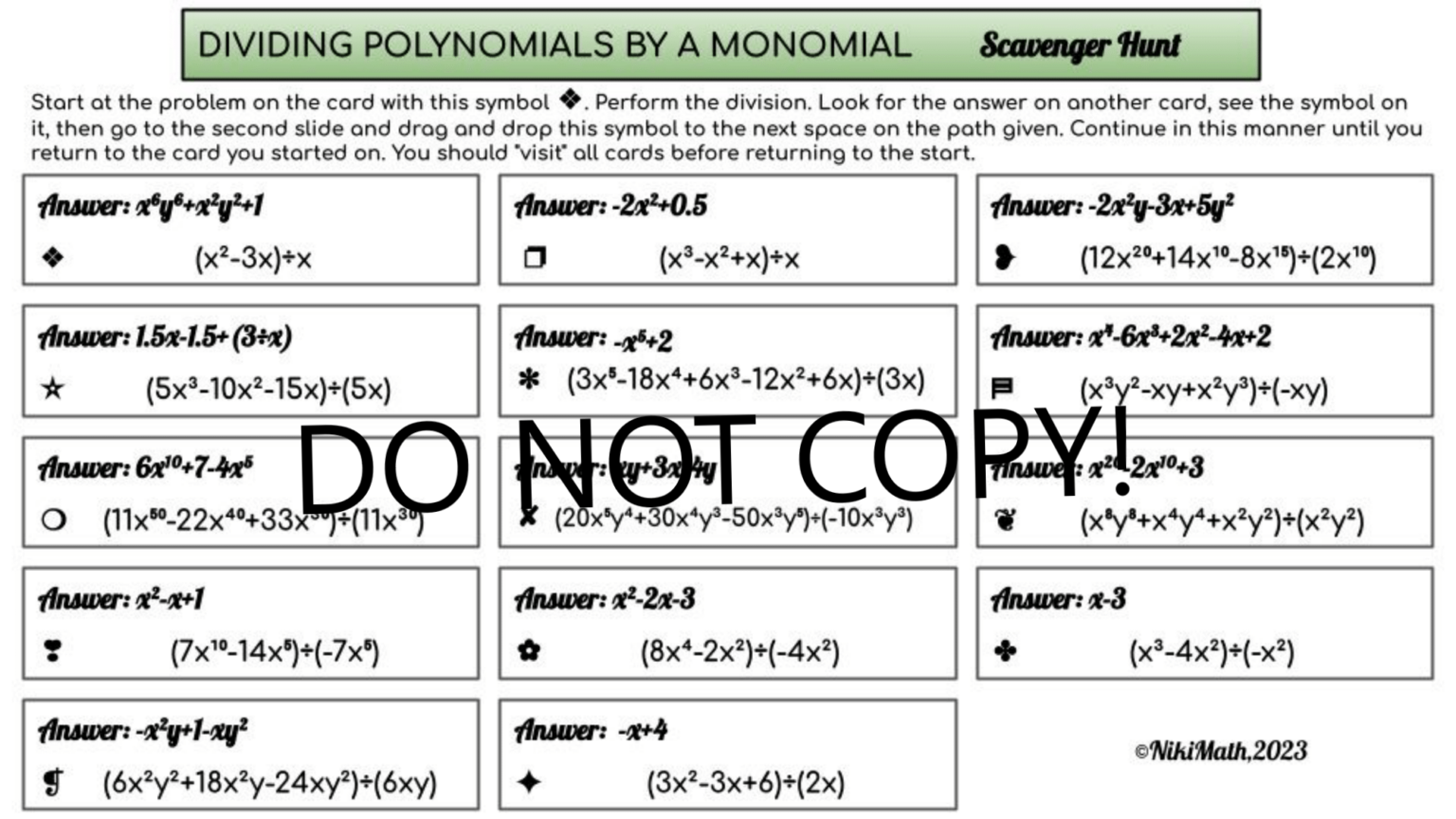 Dividing a Polynomial by a Monomial - Digital Scavenger Hunt with a ...