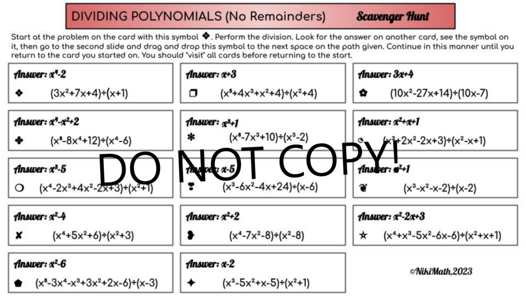 Dividing Polynomials (No Remainders) - Digital Scavenger Hunt - Teacher ...