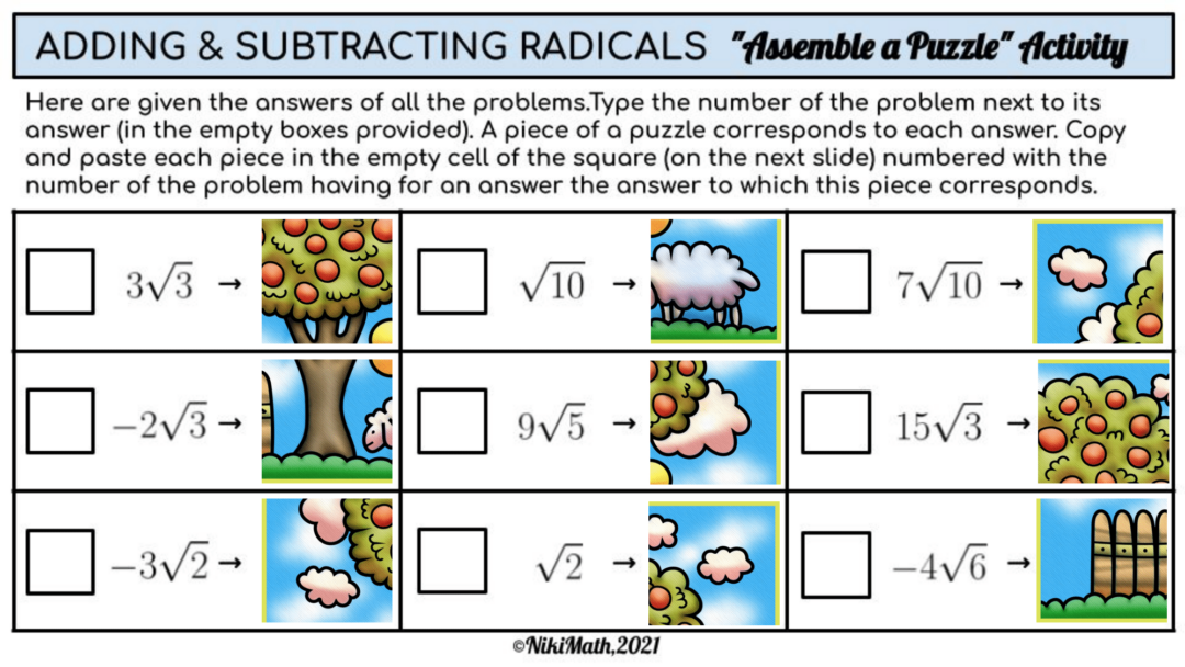 Adding & Subtracting Radicals - Matching & Puzzle Assembling Activity ...