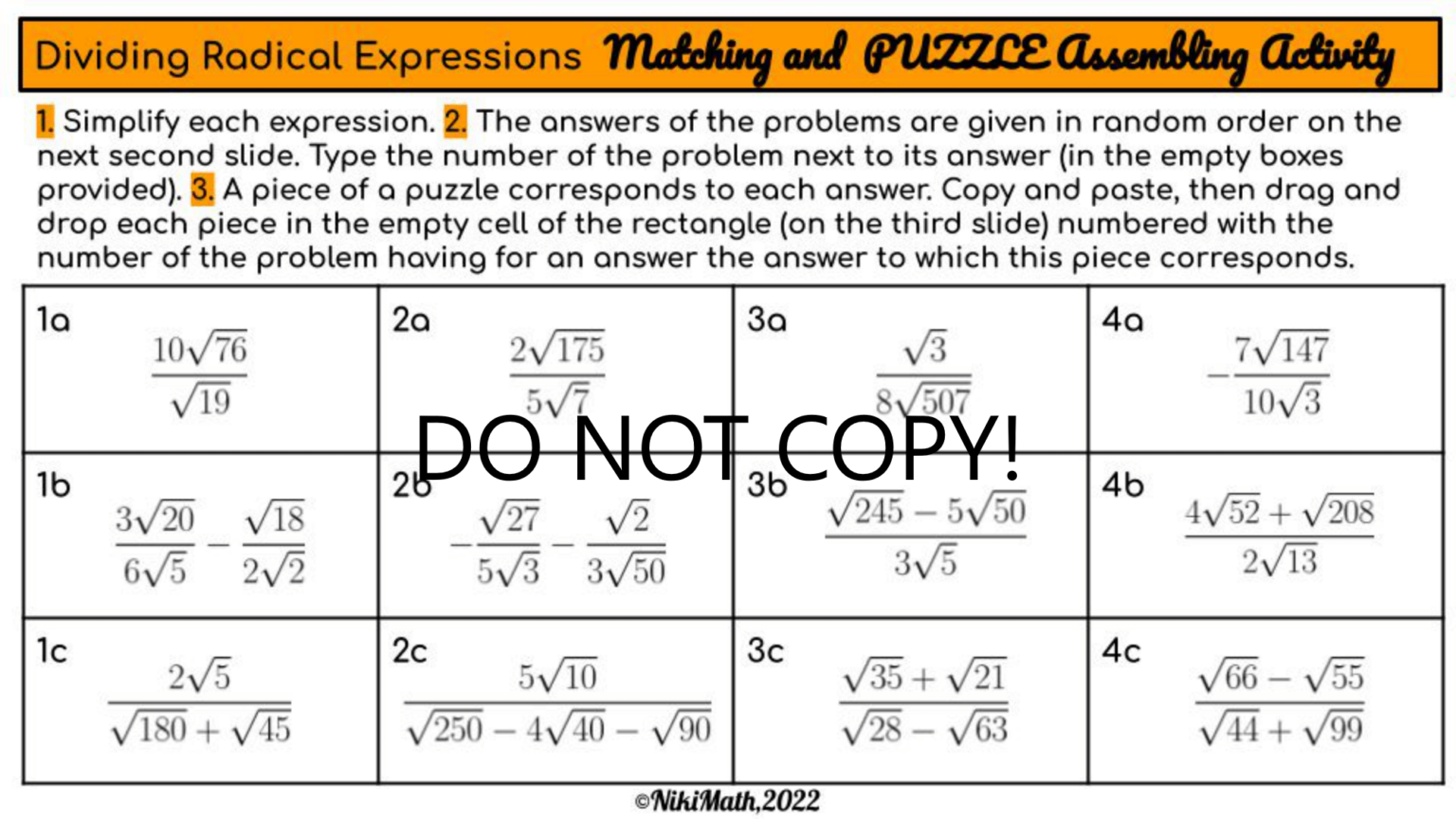 Dividing Radicals - Matching & PUZZLE Assembling Activity - Teacher ...