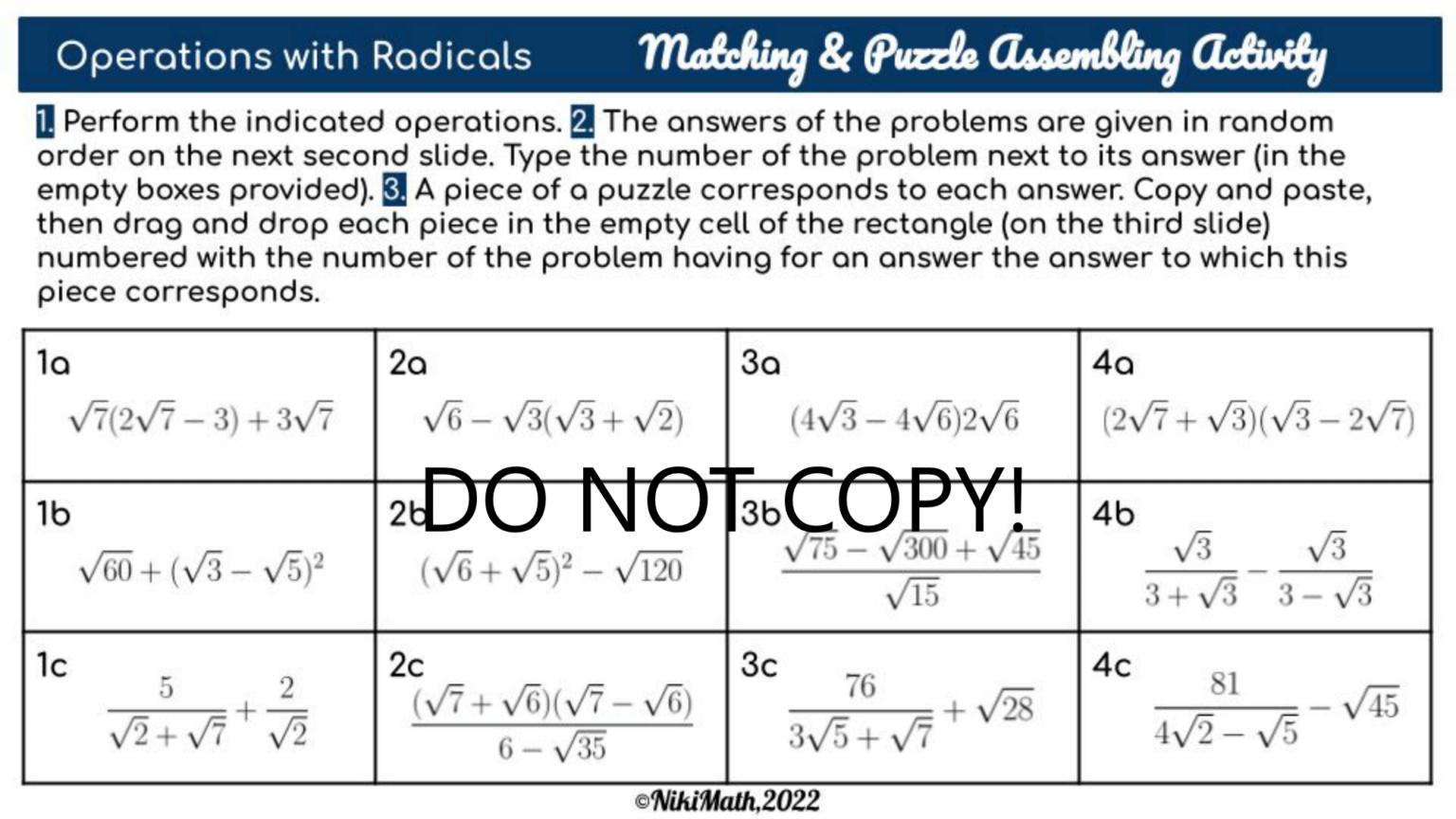 Operations with Radicals - Matching & PUZZLE Assembling Activity ...