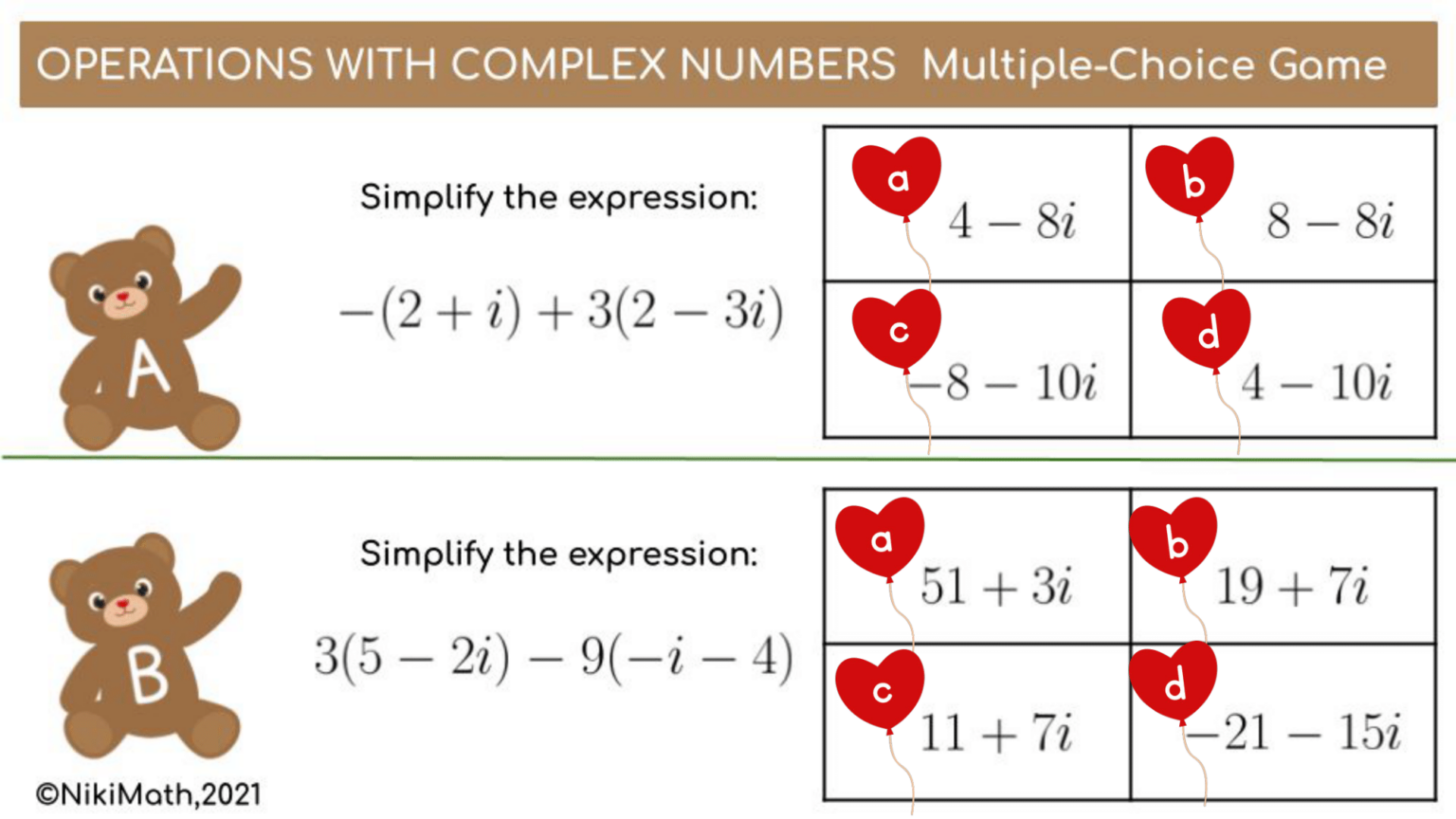 Complex Number Game Operations with Complex Numbers - Multiple-Choice Drag & Drop Game ...