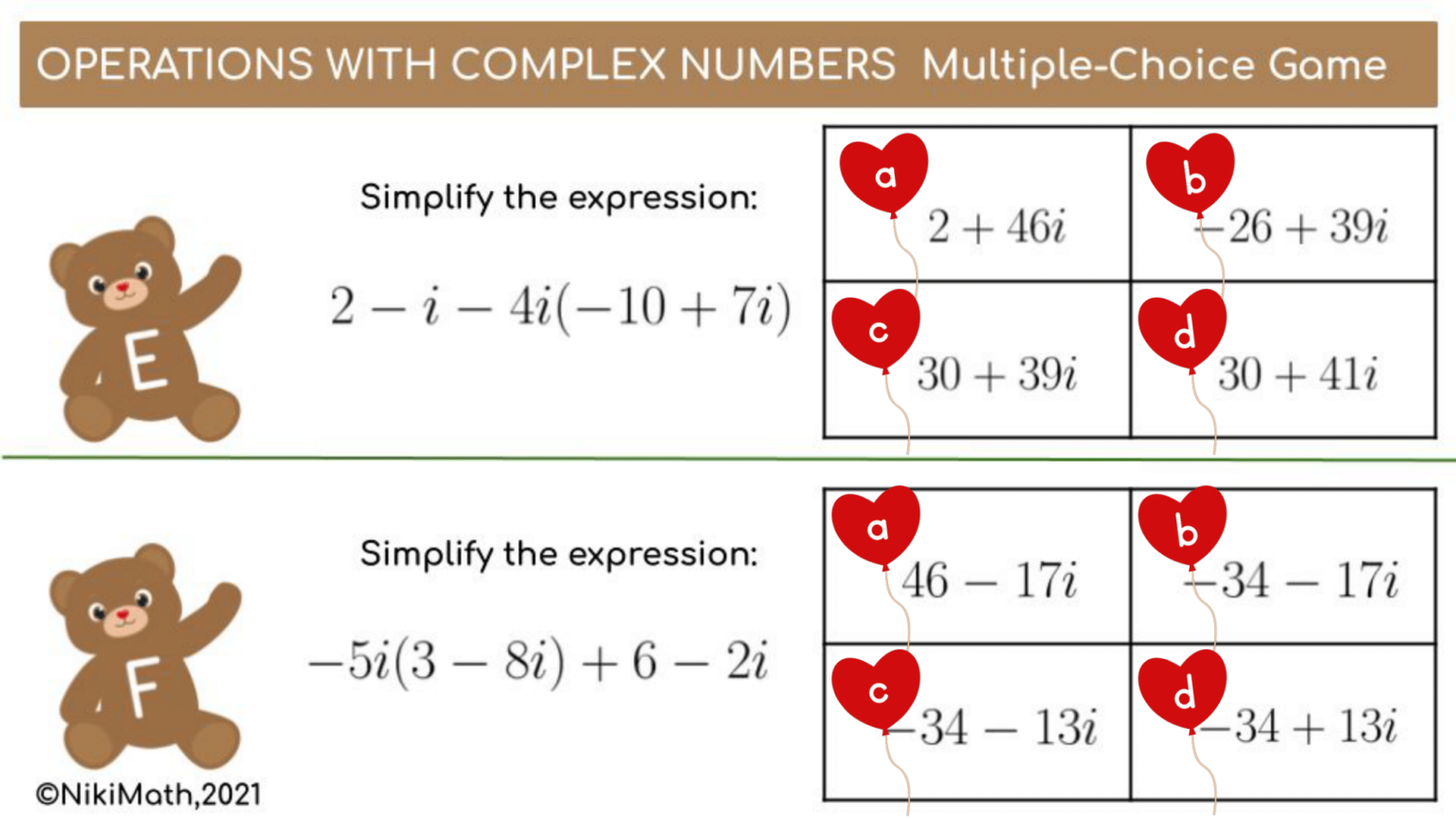 Operations with Complex Numbers - Multiple-Choice Drag & Drop Game ...