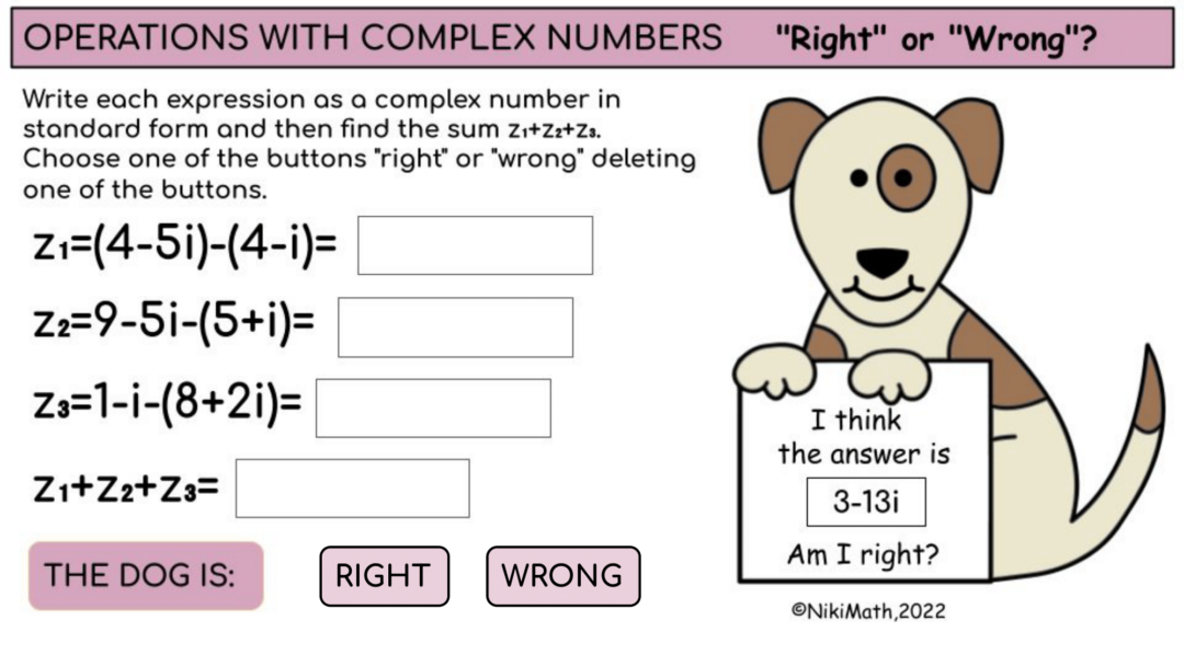 Operations with Complex Numbers - "Right"or "Wrong" Activity - Teacher ...