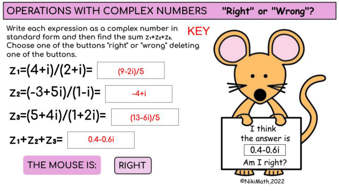 Operations with Complex Numbers - "Right"or "Wrong" Activity - Teacher ...
