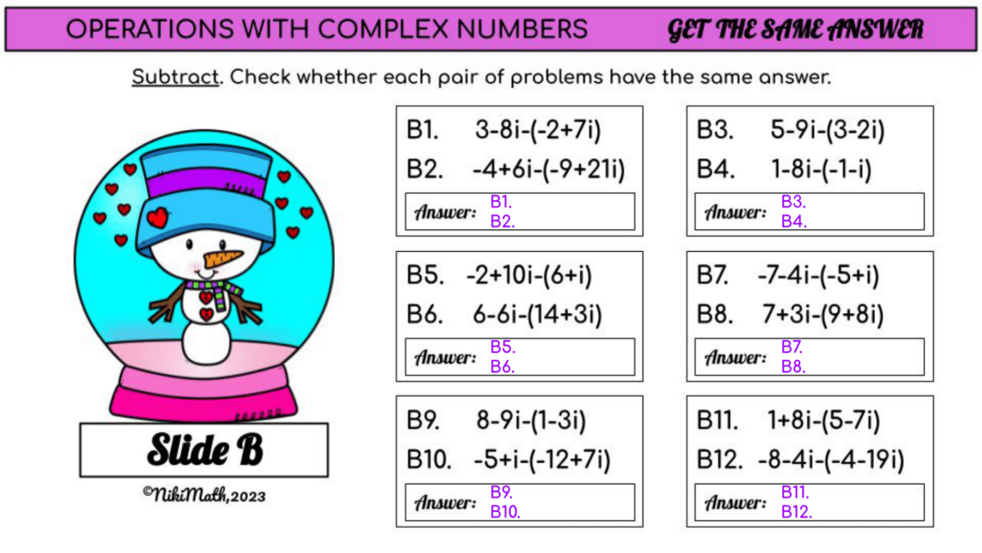 Same Answer Operations with Complex Numbers - Get the Same Answers (Partner ...