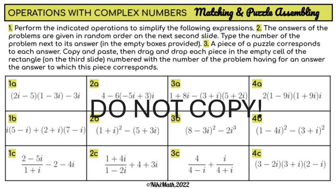 Operations with Complex Numbers - Matching and PUZZLE Assembling ...