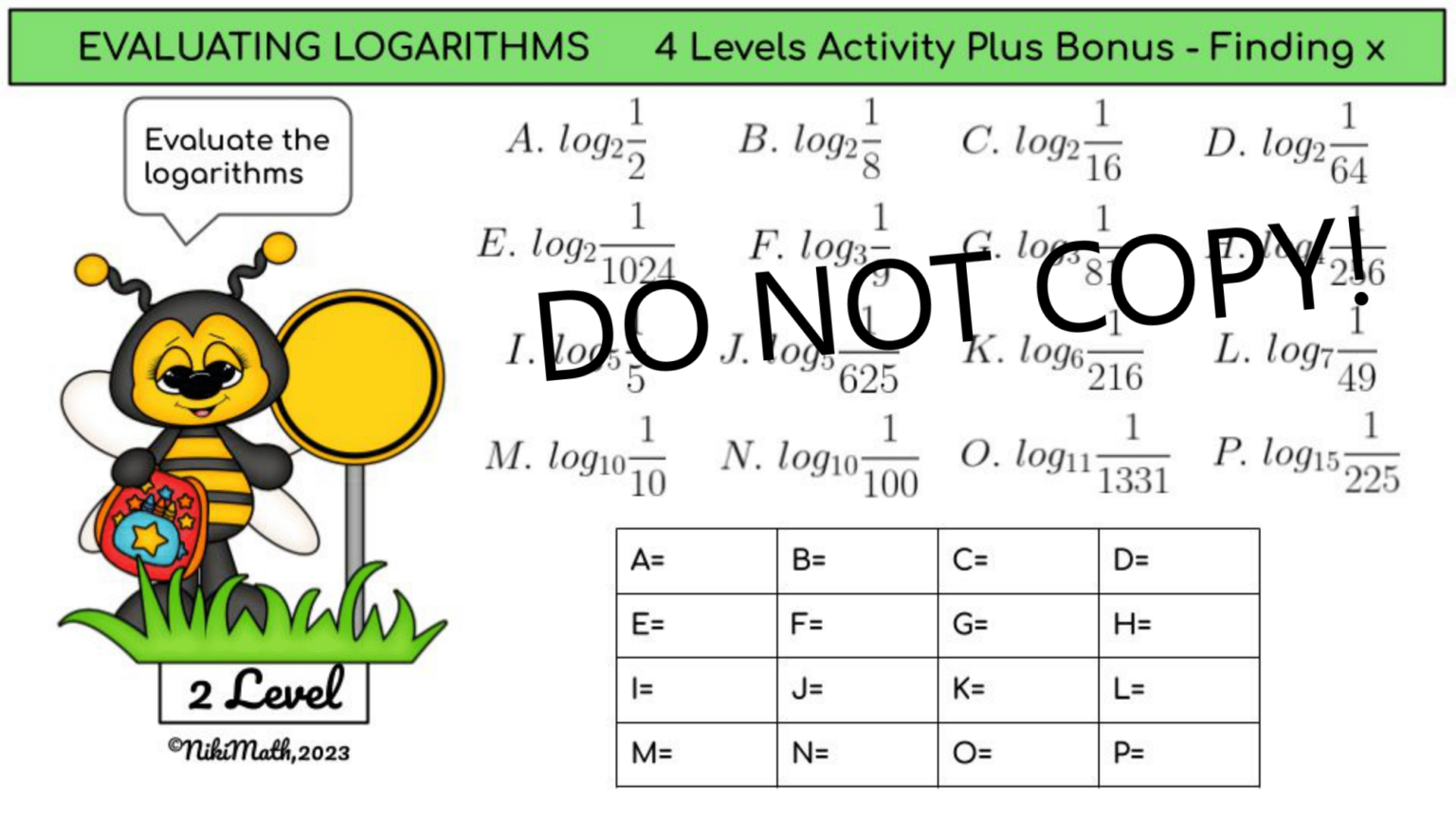 4 Level Problems Evaluating Logarithms - 4 Levels Digital Activity (plus finding x)(73 ...