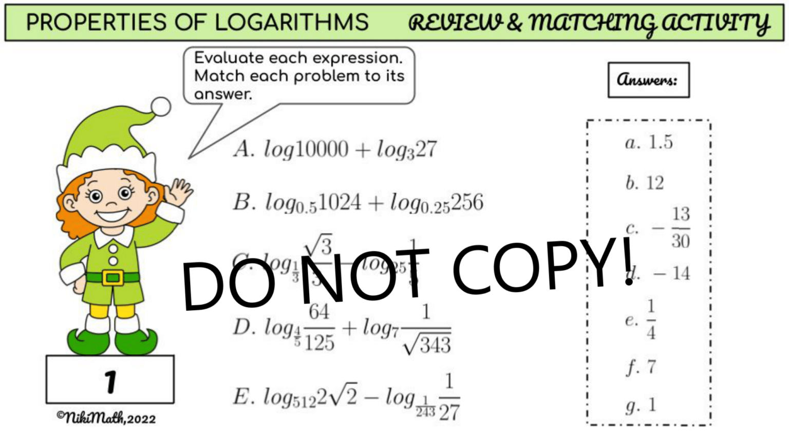 Properties of Logarithms - Matching Review Activity (40 Problems ...