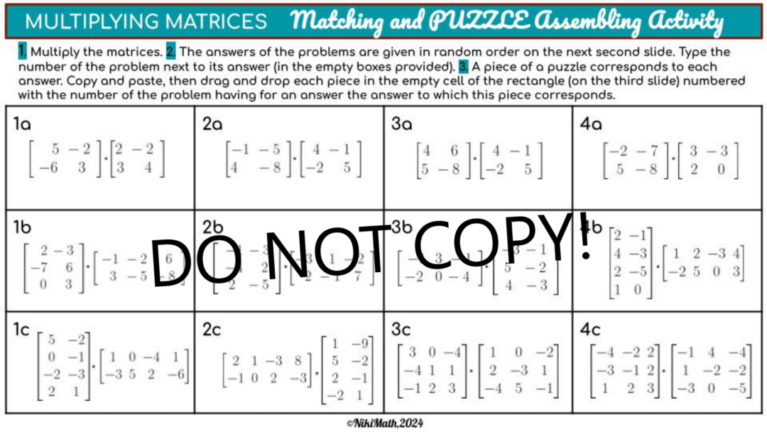 Pre Multiplying Matrices Multiplying Matrices - Digital Matching and Puzzle Assembling Activity ...