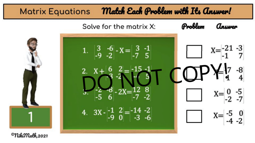 Matrix Equations - Matching and Answering Questions Activity - Teacher ...