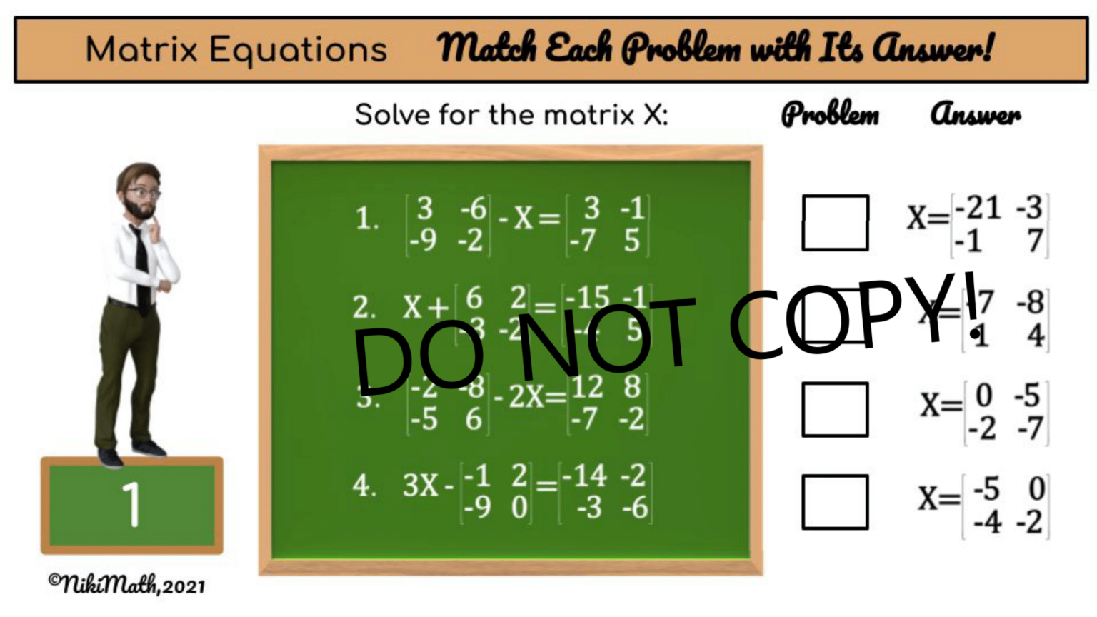 Fun Matrices Problem Solving Matrix Equations - Matching and Answering Questions Activity - Teacher ...