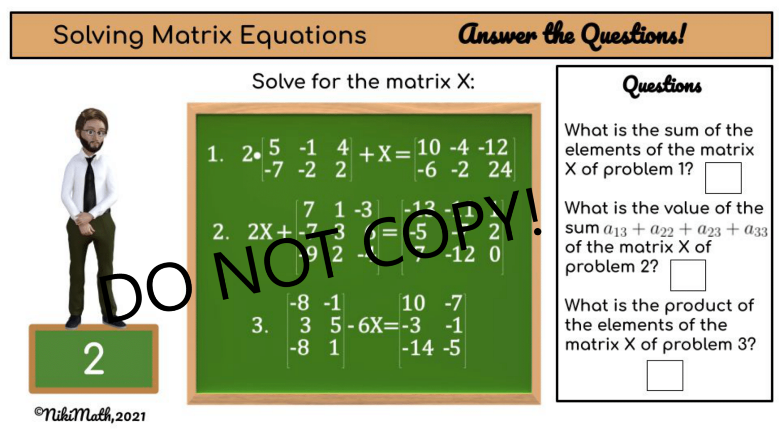 Matrix Equations - Matching and Answering Questions Activity - Teacher ...