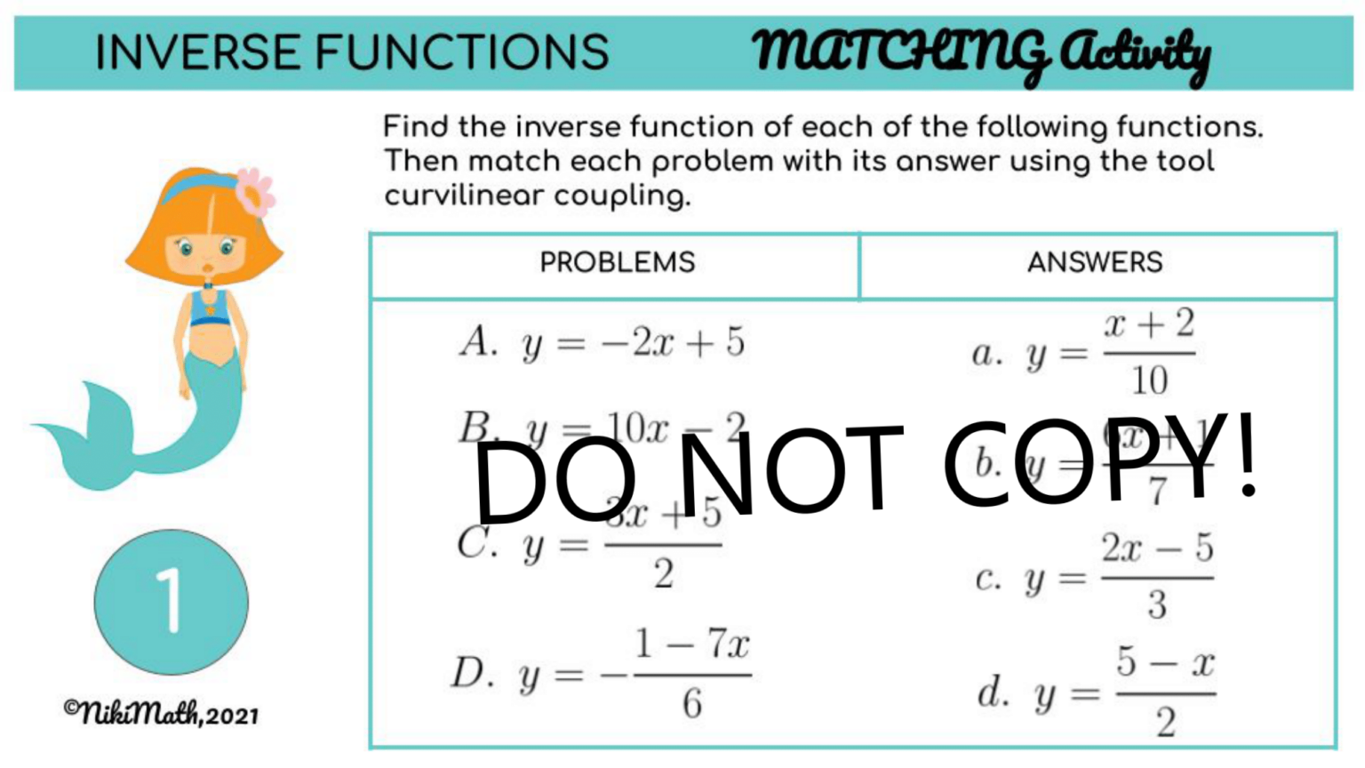 Inverse Functions - Matching Activity (16 problems) - Teacher ...