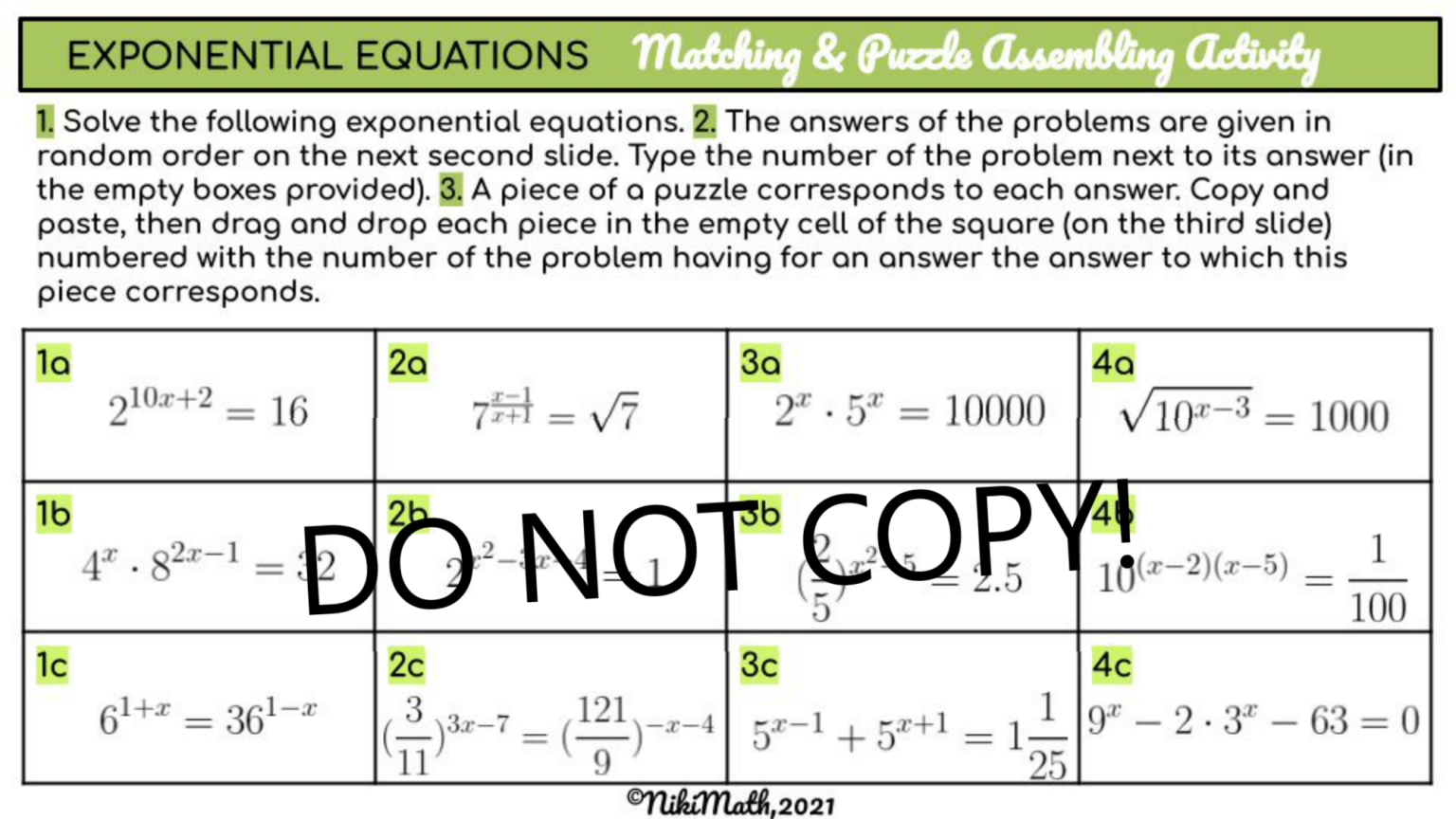 Exponential Equations Matching & Puzzle Assembling Activity - Teacher ...