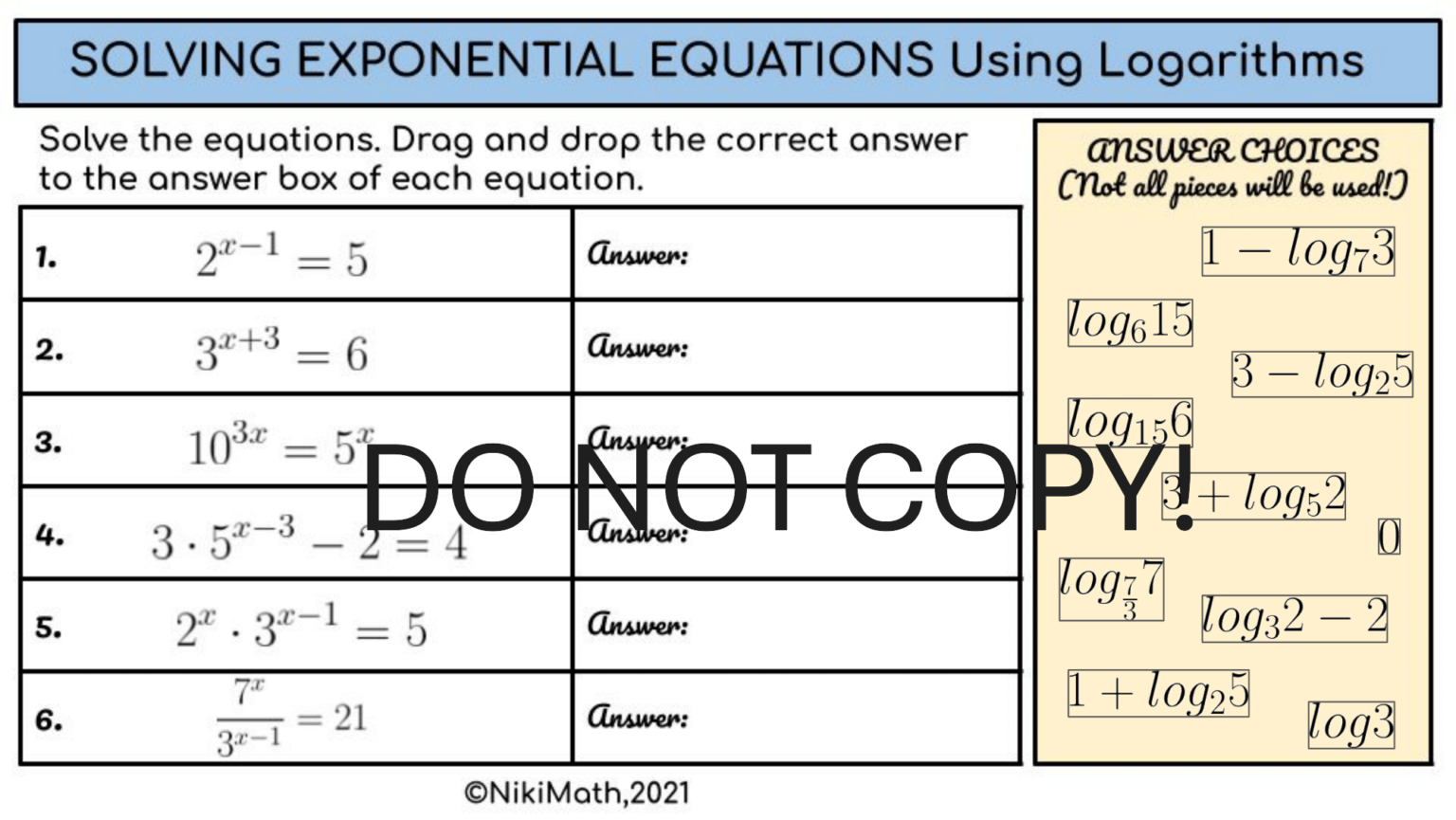 Solving Exponential Equations Using Logarithms - Drag & Drop Matching ...
