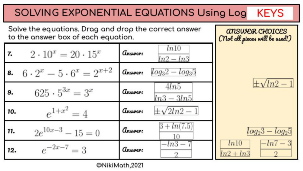 Solving Exponential Equations Using Logarithms - Drag & Drop Matching ...