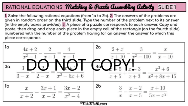 Rational Equations - Matching and Puzzle Assembling Activity - Teacher ...