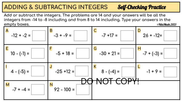 Adding and Subtracting Integers - Self-Checking Practice (Drag & Drop