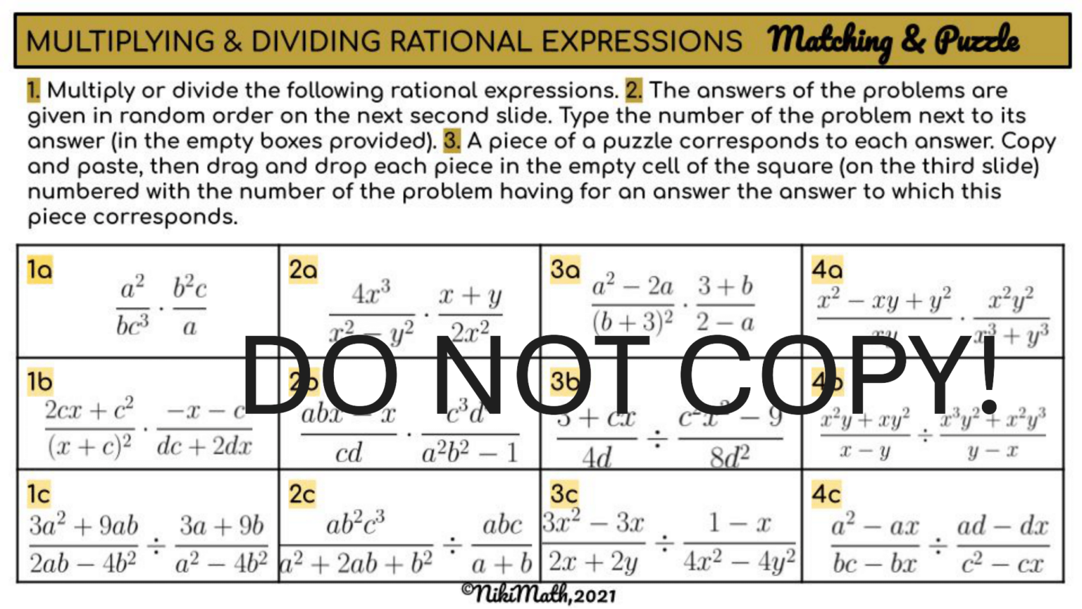 Multiplying & Dividing Rational Expressions - Digital Puzzle - Teacher ...
