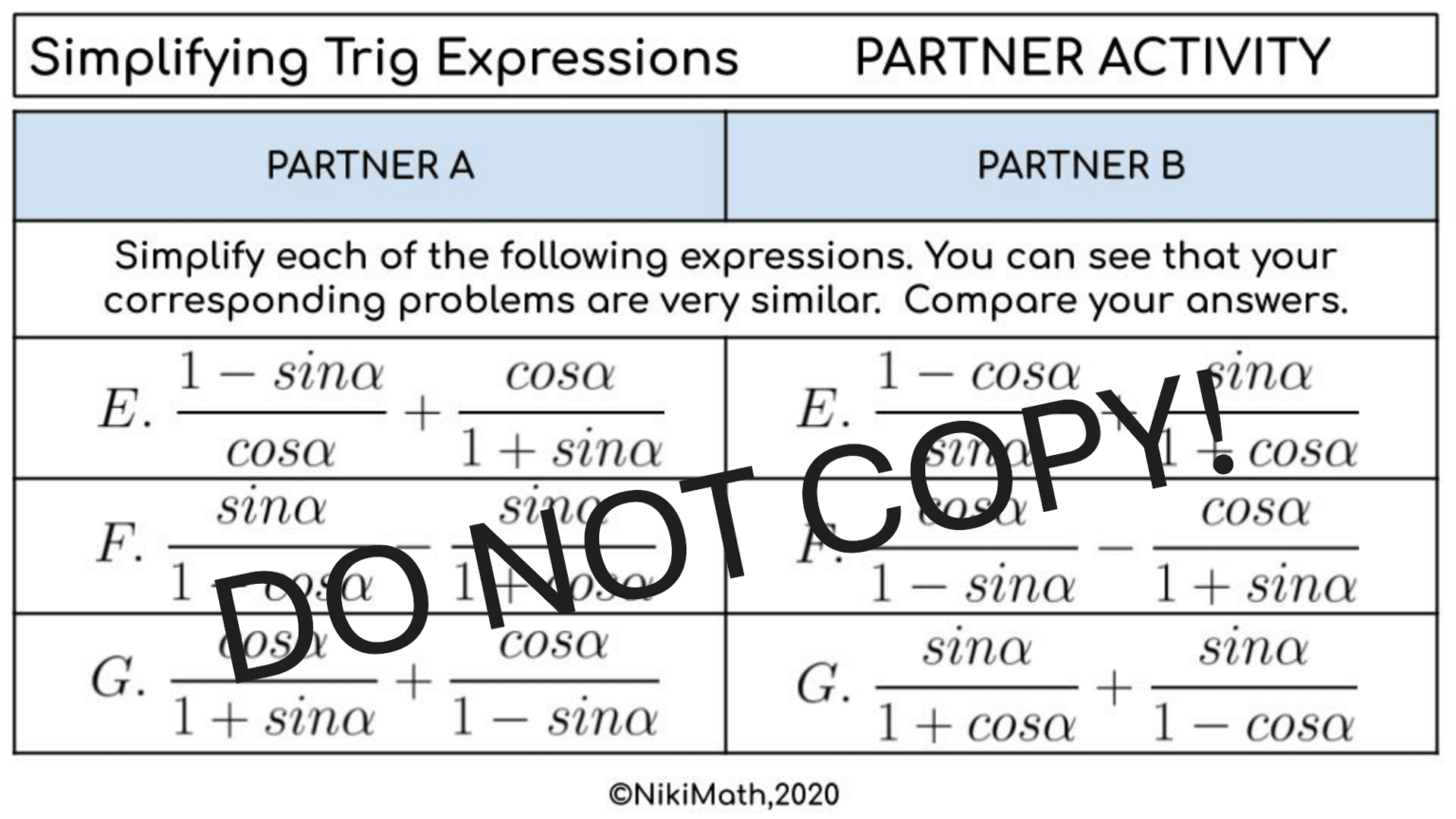 Trigonometric Identities-Simplifying Trig Expressions-Partner Activity ...