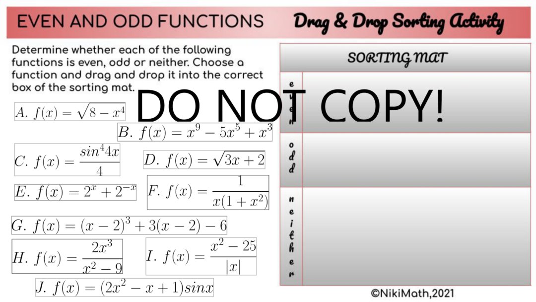 Even and Odd Functions - Drag and Drop Sorting Activity (26 functions ...