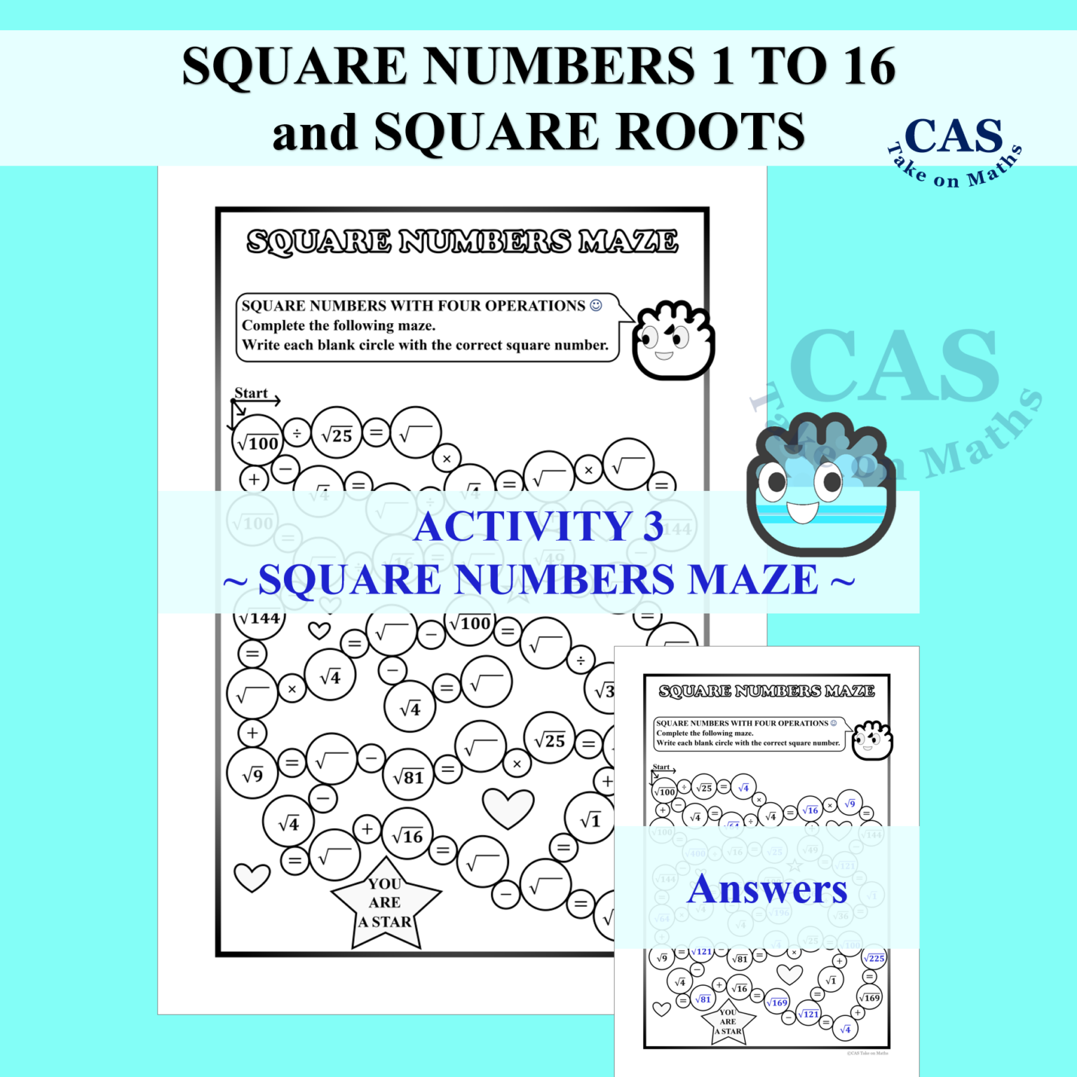 Year 5 to 8 Square Numbers 1 to 16 and Square Roots Fun Activity