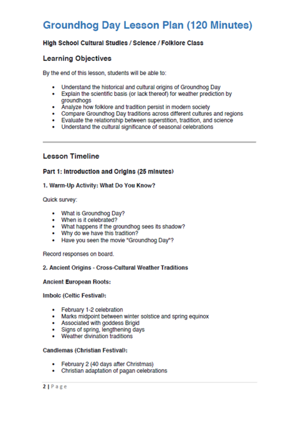 Groundhog Day 2-hour Lesson Plan for High School - Teacher Professional ...