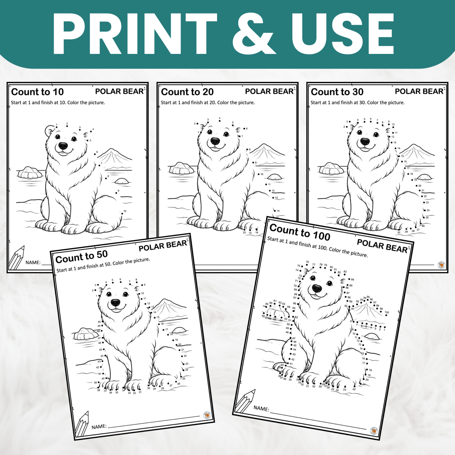 Polar Bear Dot To Dot Numbers To 100 Connect The Dots Arctic Animal ...