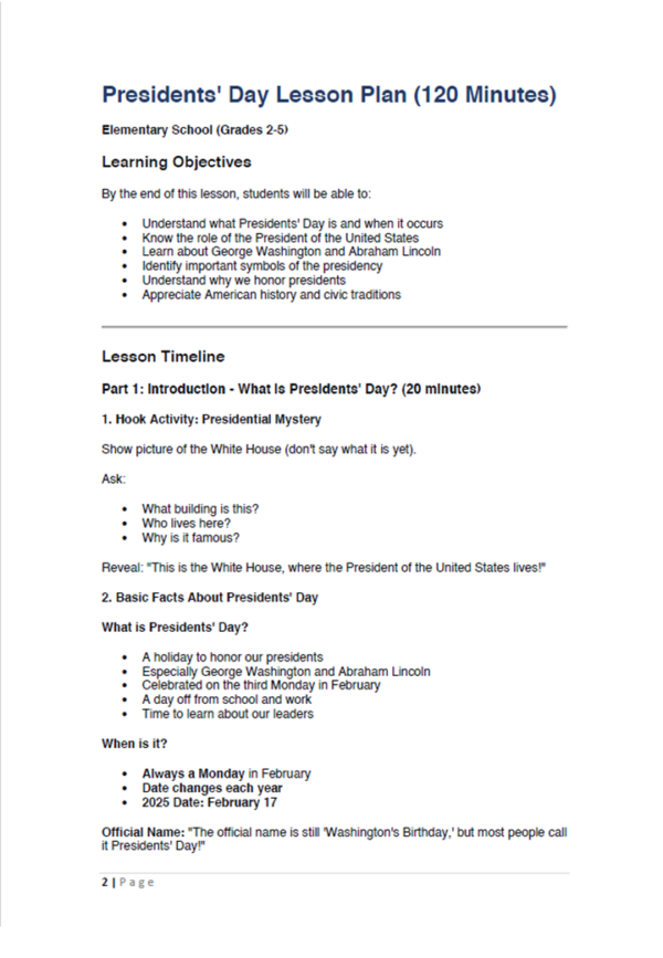 Presidents' Day 2-Hour Lesson Plan & Worksheet for Elementary School ...