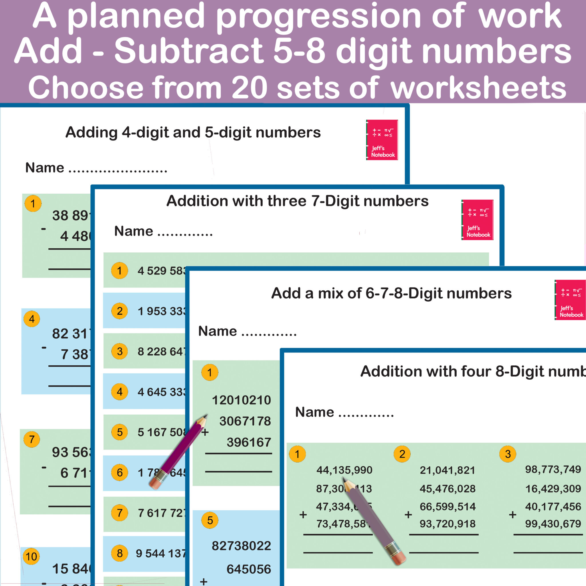 Add & Subtract Multi-Digit Numbers Worksheets - 5 to 8 Digits - Formal ...