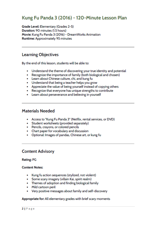 2-Hour Lesson Plan & Worksheet on 'Kung Fu Panda 3' - Teacher ...