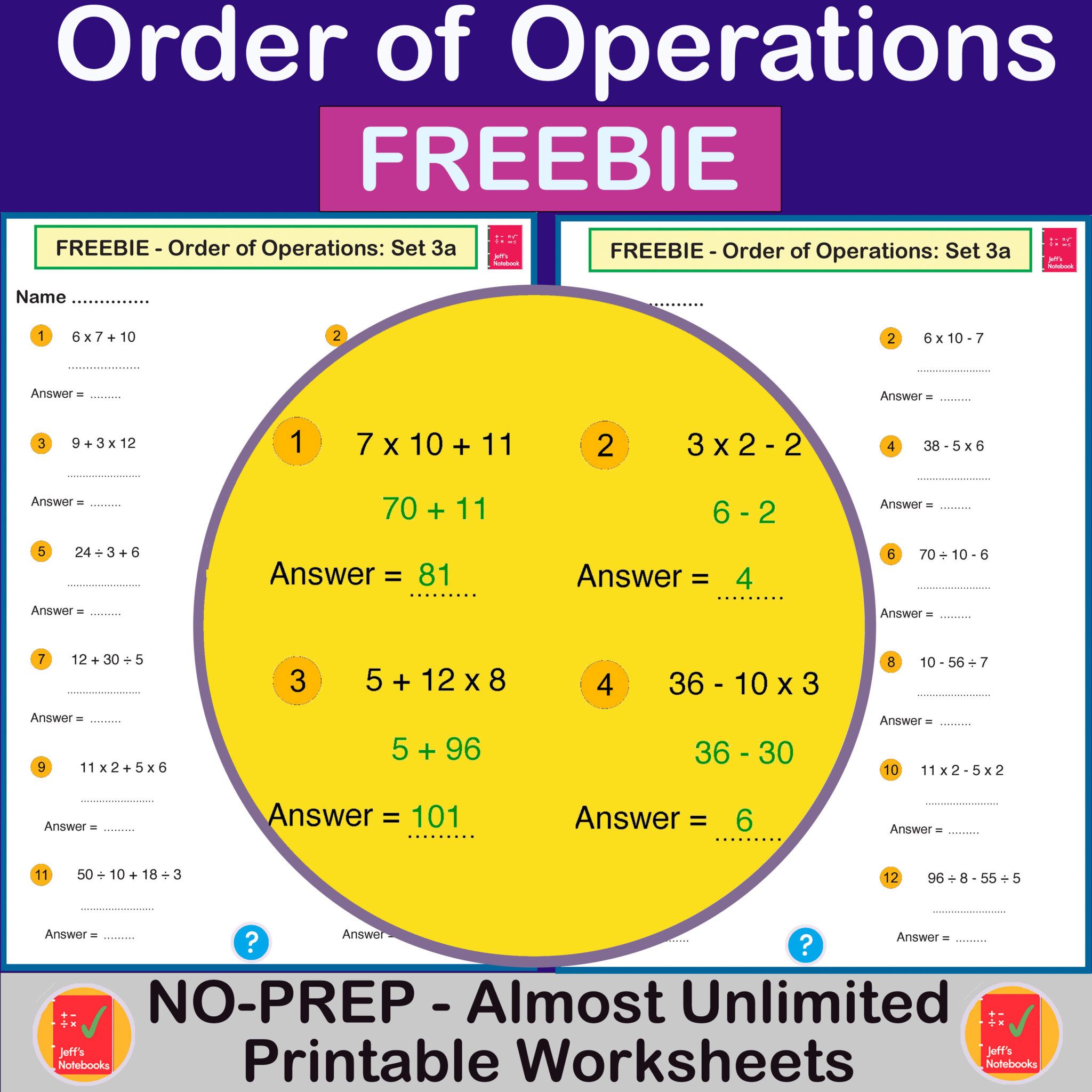 Order of Operations without indices - Worksheet - FREEBIE - Teacher ...