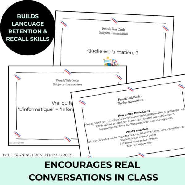 French School Subjects Task Cards — Les Matières Scolaires Vocabulary ...
