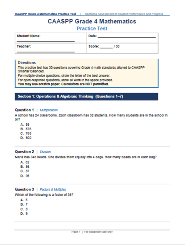 Caaspp Math California CAASPP Math Practice Test for Grade 4 - Teacher Professional ...
